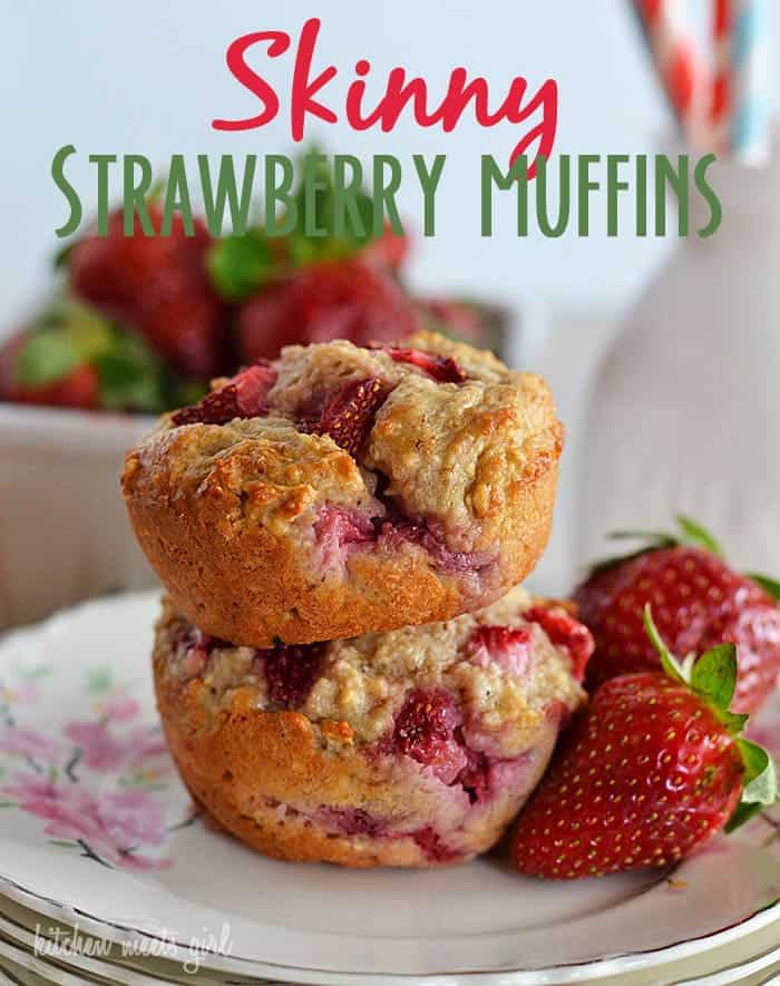 Skinny Strawberry Muffins on www.kitchenmeetsgirl.com - don't feel guilty about eating sweet muffins for breakfast anymore!  At just under 100 calories a piece, these make for a guilt-free breakfast!  #recipes #muffins