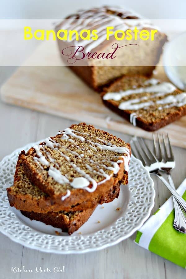 Bananas Foster Bread - first, cook your mashed bananas in butter, brown sugar and rum, and then drizzle with a slightly boozy glaze! #Kitchen Meets Girl #bread #bananas