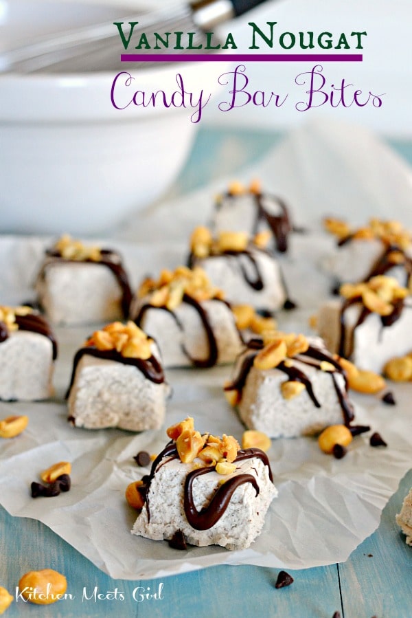 Vanilla Nougat Candy Bar Bites - a hunk of nougat with a bit of chocolate and salty peanuts to balance everything out. #candy #vanilla #recipe