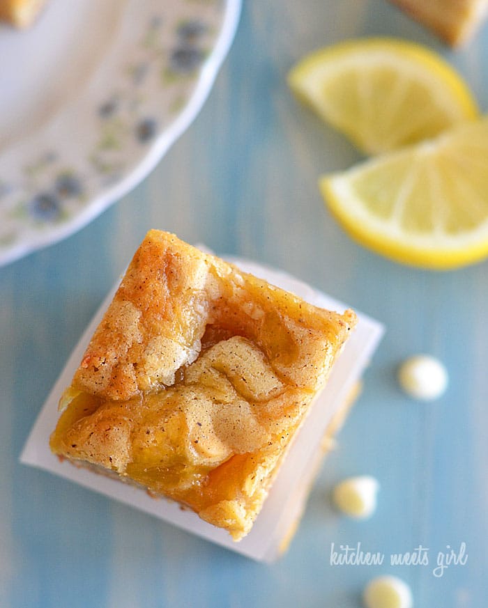 Super easy lemon bars--the white chocolate in the base is the perfect balance for the tangy lemon curd. #desserts #recipe #lemon