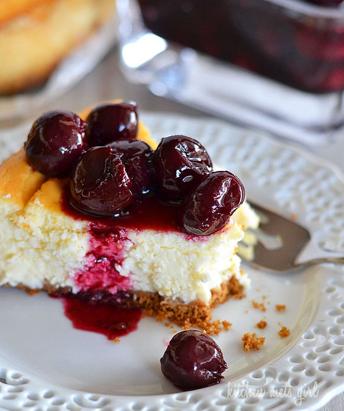 Perfectly light and creamy cherry cheesecake - you'll never guess the secret ingredient in this recipe! #recipe #dessert #cheesecake
