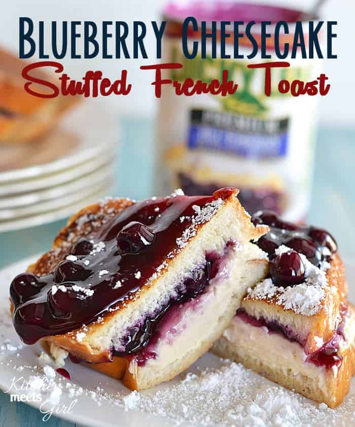 This french toast is stuffed with an easy blueberry cheesecake filling and topped with additional blueberry pie filling. It's perfect for a special occasion! www.kitchenmeetsgirl.com #french toast #cheesecake #recipe