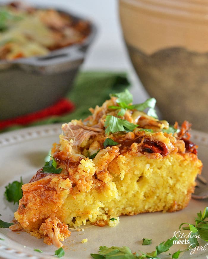 Put your leftover shredded pork or chicken to good use by making this Easy as Tamale Pie from www.kitchenmeetsgirl.com #recipe #casserole