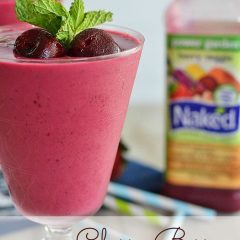 This healthy breakfast cherry berry smoothie is packed full of nutrition, with Naked Power Garden berry veggie juice, black cherry Greek yogurt, fresh frozen cherries, and a bit of honey for sweetener. #recipes #smoothie #cherry