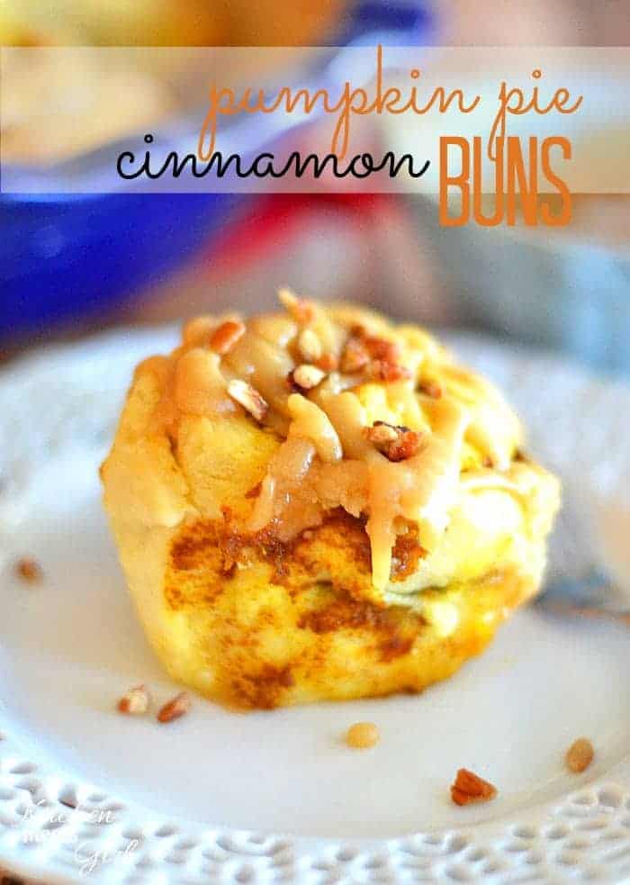 These pumpkin pie cinnamon buns go from kitchen to table in 45 minutes. Stuffed with pumpkin pie filling and drizzled with caramel icing, they'll be a hit at your fall table! #recipes #cinnamon rolls #pumpkin