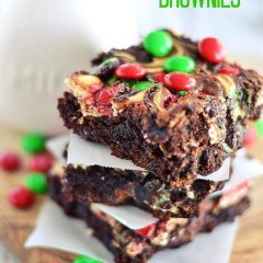 Take your brownies over the top with a swirl of cheesecake and a sprinkling of red and green M&Ms® Brand Chocolate Candies.