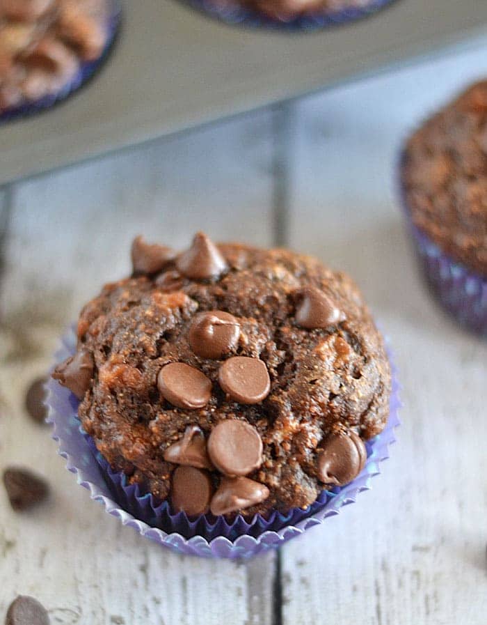 These Skinny Double Chocolate Muffins are chock full of flavor, but with a few easy substitutes, you don't have to feel guilty eating them!
