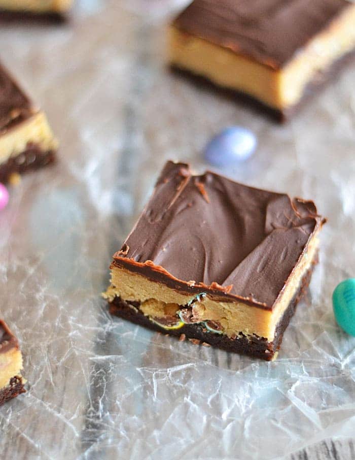 These Peanut Butter Cookie Dough Brownies are the perfect combination of salty and sweet. And the peanut butter cookie dough contains no egg, so it's safe to eat right out of the bowl!