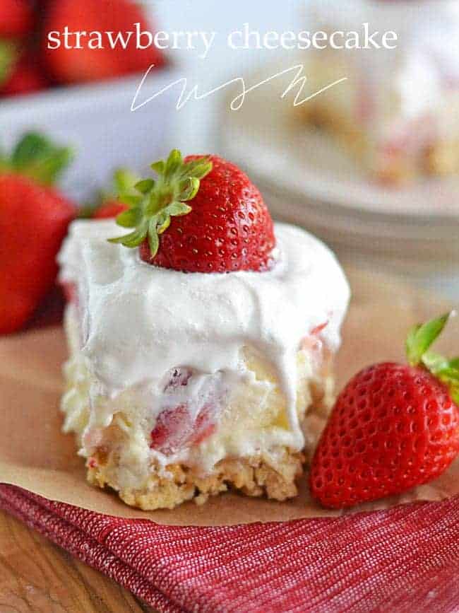 With layers of cream cheese, Cool Whip, cheesecake pudding and fresh strawberries, this Strawberry Cheesecake Lush will quickly become your new favorite summer dessert!