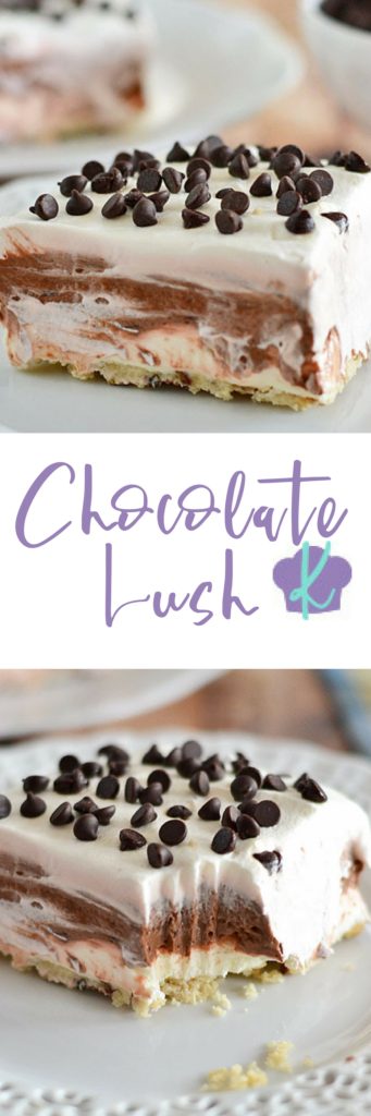 Chocolate, cream cheese, Cool Whip, and pecans are the perfect combination in this easy to make Chocolate Lush.