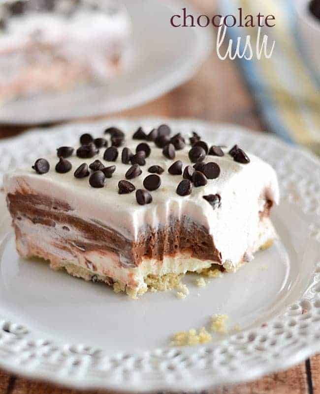 Chocolate, cream cheese, Cool Whip, and pecans are the perfect combination in this easy to make Chocolate Lush.