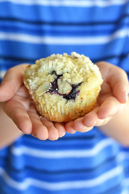 These delicious Blueberry Cream Cheese Muffins bake up perfectly light and moist, and are topped with an almond struesel. Perfect for a weekend morning paired with a cup of coffee, or a quick grab and go breakfast.
