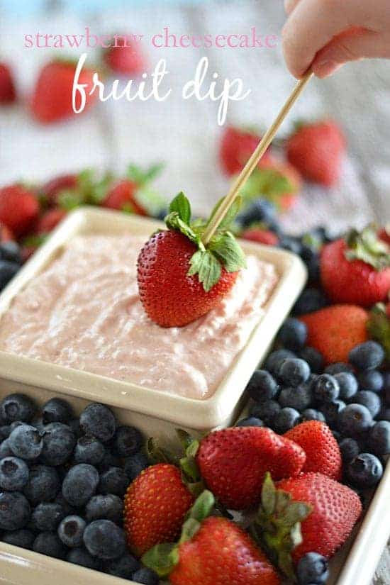 This Strawberry Cheesecake Fruit Dip takes just three ingredients, and mixes up in less than five minutes. Send it in lunchboxes, serve as an after-school snack, or just munch on it anytime!