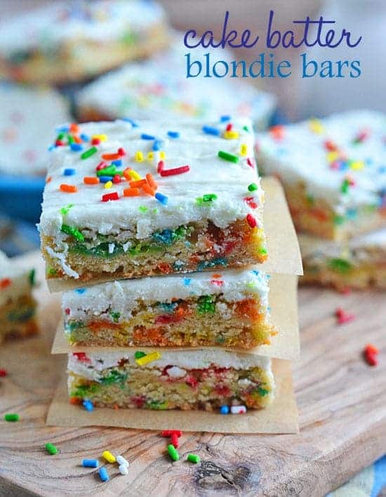 These Cake Batter Blondie Bars are filled with cake batter flavor, without the use of a cake mix. And you can't go wrong with any dessert that is packed with sprinkles!
