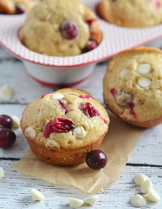 Sweet white chocolate chips pair perfectly with the tartness of the berries in these White Chocolate Cranberry Muffins.