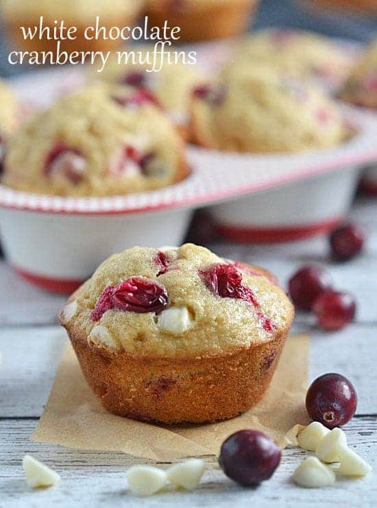 Sweet white chocolate chips pair perfectly with the tartness of the berries in these White Chocolate Cranberry Muffins.