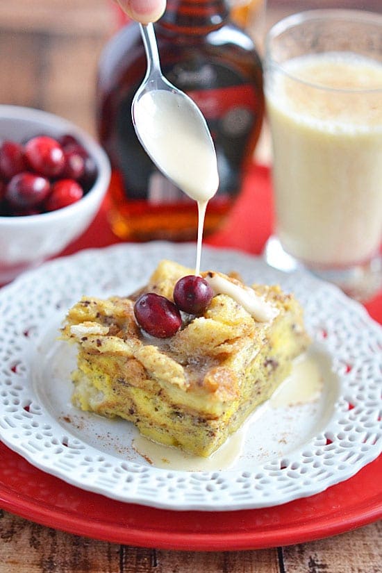 Make your holiday breakfast stress-free with this Slow Cooker Eggnog French Toast. Serve this perfectly spiced and decadent breakfast casserole with traditional maple syrup, or indulge with a drizzle of eggnog icing!