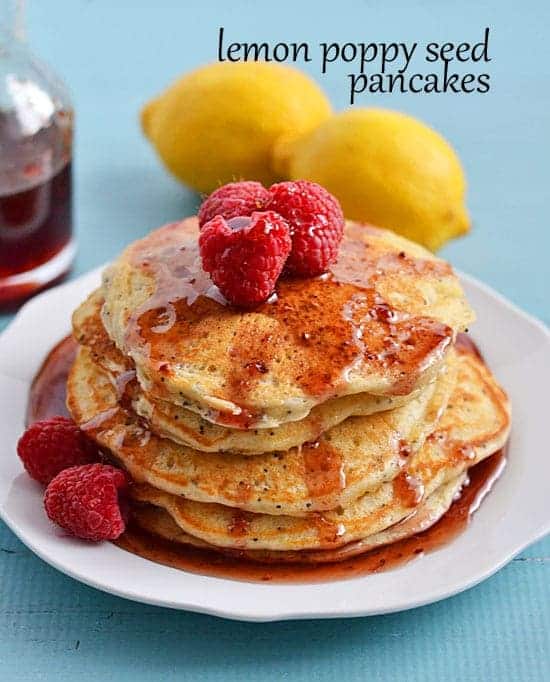 With a sprinkling of poppy seeds, lots of lemon juice and lemon zest, these Lemon Poppy Seed Pancakes make a great weekend breakfast. Take them over the top by drizzling with an easy to make raspberry syrup!