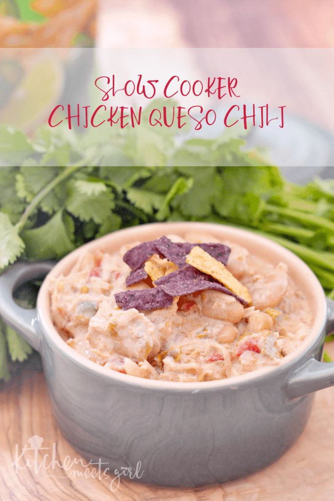 This Slow Cooker Chicken Queso Chili is everything you want in a bowl of wintery goodness - hearty eating that tastes like a cheesy queso without the guilt.  Even better - just throw the ingredients in your slow cooker and walk away, perfect for those busy nights.