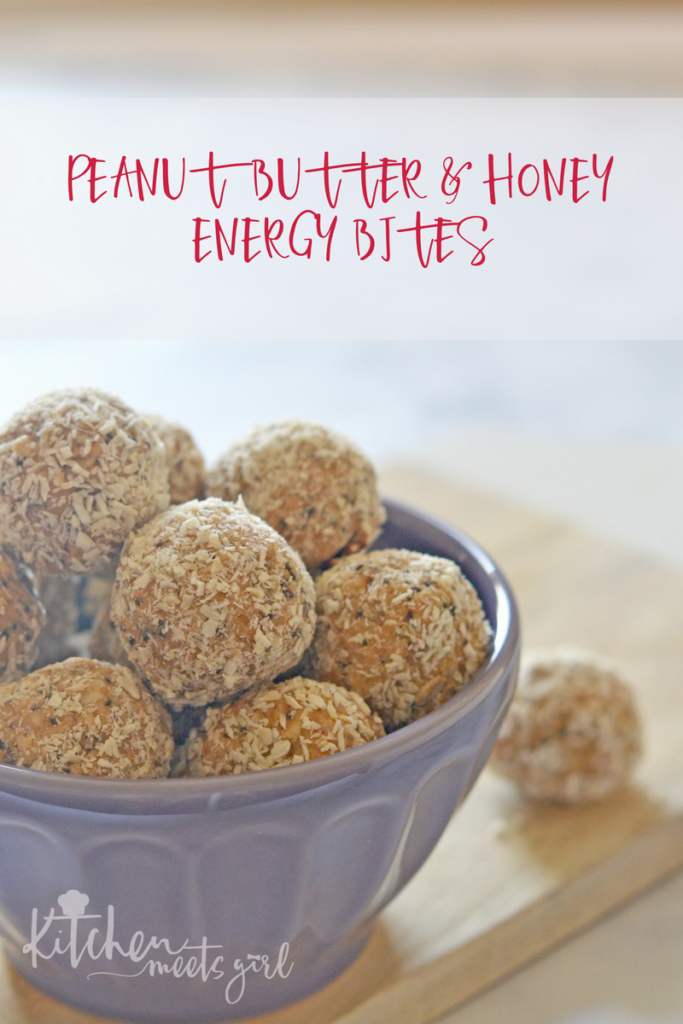 These Peanut Butter and Honey Energy Bites are loaded with everything you want in life: peanut butter, oats, honey, and coconut.  Add some chia seed and ground flax for a nutritional bonus, and dark chocolate because it's yummy that way.