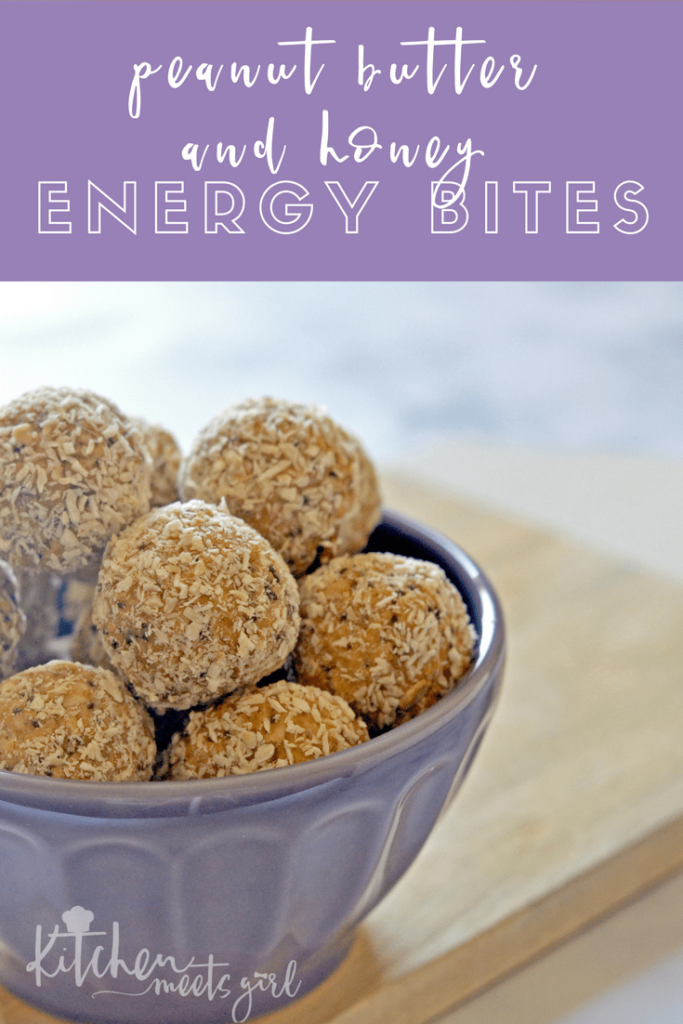 These Peanut Butter and Honey Energy Bites are loaded with everything you want in life: peanut butter, oats, honey, and coconut.  Add some chia seed and ground flax for a nutritional bonus, and dark chocolate because it's yummy that way.