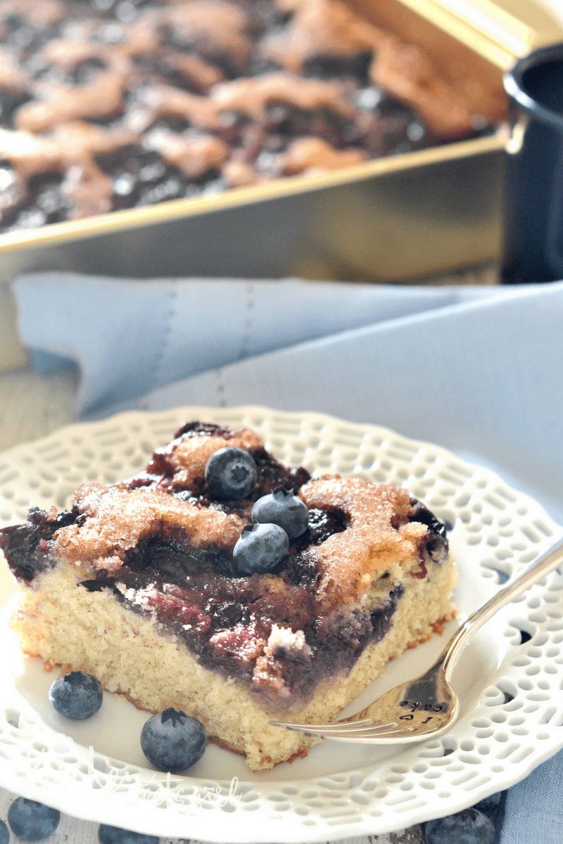 Tender, moist coffee cake, loaded with blueberries and crowned with a crunchy cinnamon sugar topping. Best of all, this blueberry coffee cake comes together in just one bowl.