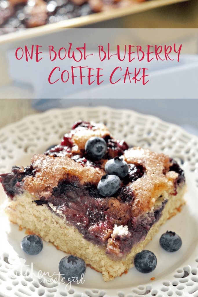 Tender, moist coffee cake, loaded with blueberries and crowned with a crunchy cinnamon sugar topping.  Best of all, this blueberry coffee cake comes together in just one bowl.