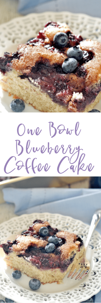 Tender, moist coffee cake, loaded with blueberries and crowned with a crunchy cinnamon sugar topping.  Best of all, this blueberry coffee cake comes together in just one bowl.