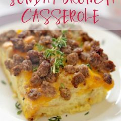 This Sunday Brunch Egg Casserole is the perfect cheesy, baked egg and sausage casserole for entertaining on the weekends - it's no fuss, filling, and always a crowd pleaser.