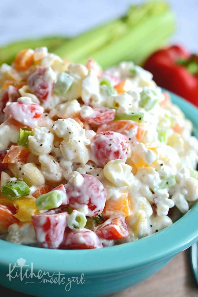 This Easy Creamy Pasta Salad is a simple and cool make ahead side dish for company or potluck.  Bonus?  It's a great way to get your veggies in!