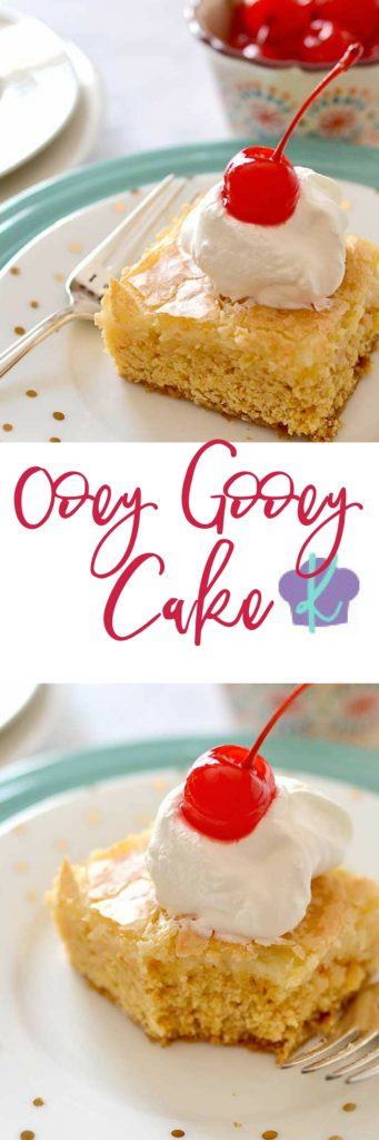 Ooey Gooey Cake is a rich, sweet butter cake topped with a cream cheese layer that bakes up - you guessed it - ooey and gooey.  This is one cake you won't be able to resist!